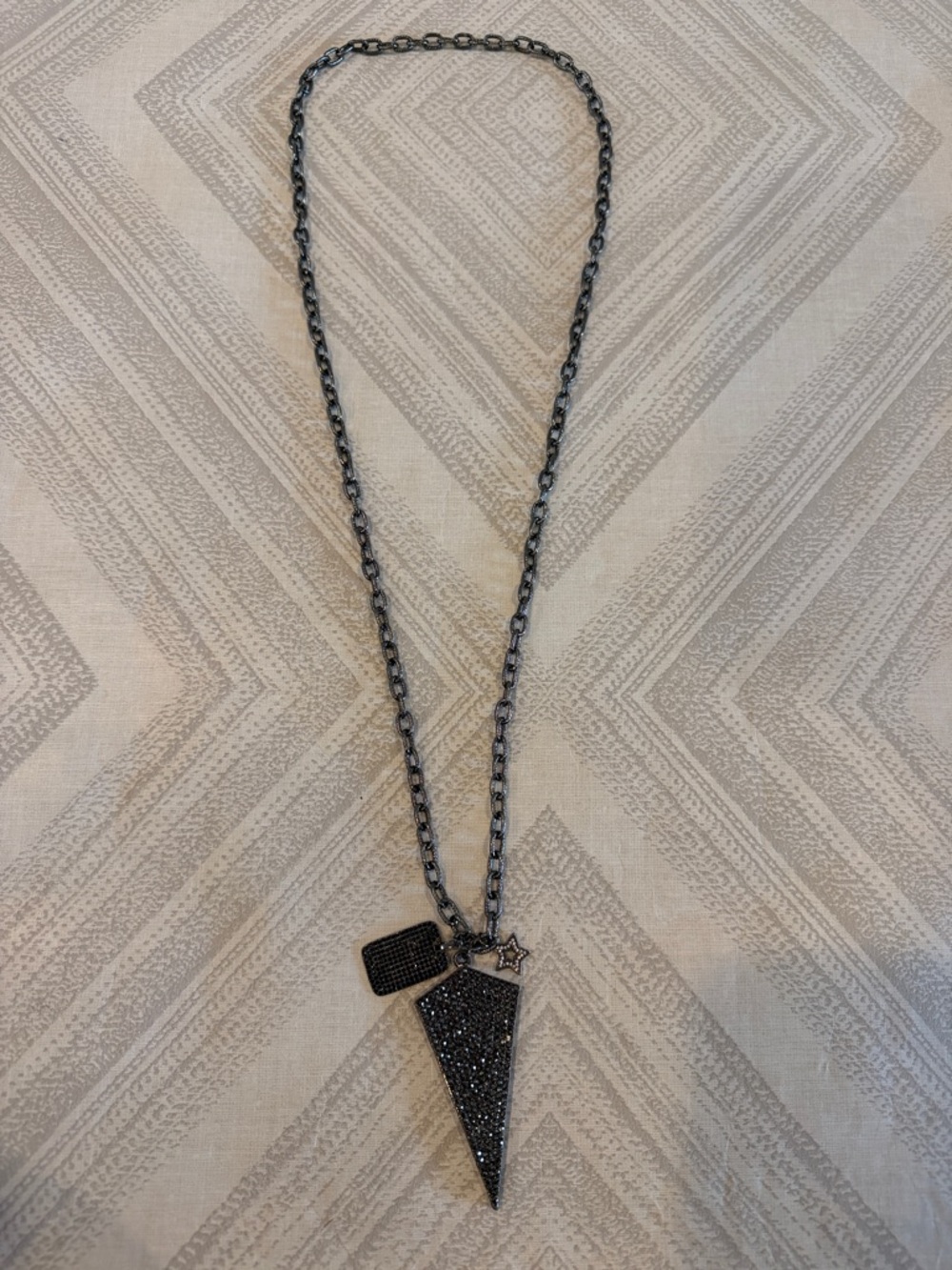 Gunmetal Chain with Crystal Triangle Pendant Necklace, Dog Tag & Star
